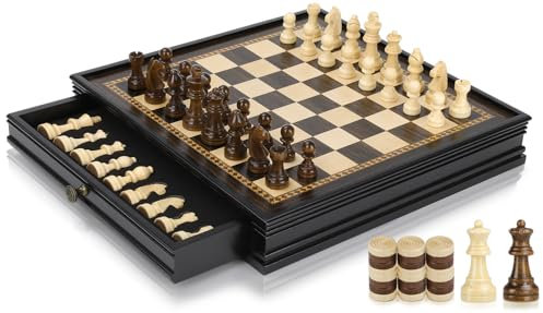 Peradix Scacchi e Dame Game 2 in 1 - Scacchiera in Legno con Cassetto Portaoggetti 32 x 32 cm, Scacchiera Professionale/2 Regina per Bambini e Adulti
