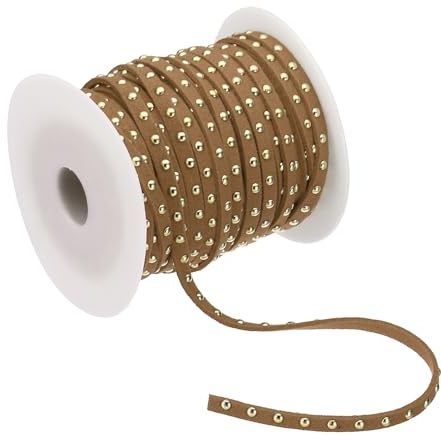 PATIKIL 22 meter dubbat fuskmocka rep för smyckestillverkning, 5 mm mikrofiber platt läder spets pärlband med nitar, brunt guld