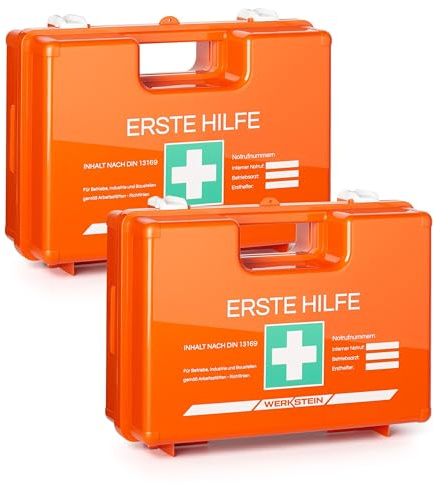 2x Erste Hilfe Kasten DIN 13169:2021 - Verbandskasten inkl. praktischer Wandhalterung, 5x Aufkleber, Gesichtsmasken, Feuchttücher & Plombe - Erste Hilfe Koffer für Betriebe, Einrichtungen & Zuhause