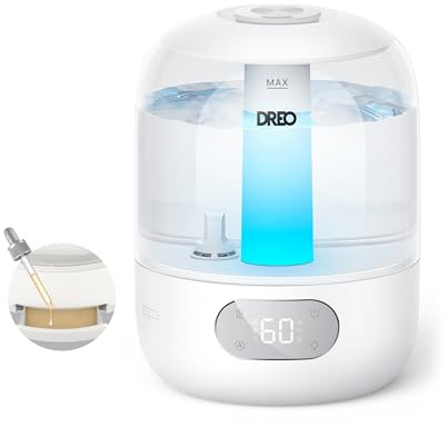 Dreo Humidifier for Bedroom with Sensor, 26dB Quiet Cool Mist Ultrasonic Humidifiers for Home, 360° Nozzle, 30H Runtime, Ambient Light Indicator, Essential Oil Diffuser, Room, Plants, Nursery, White