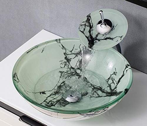 HDMOZUYT Badezimmerwaschbecken mit Marmormuster, Aufsatzwaschbecken aus gehärtetem Glas, Installation auf der Arbeitsplatte, mit Wasserfall-Wasserhahn und Pop-Up-Ablaufgarnitur, A (A)
