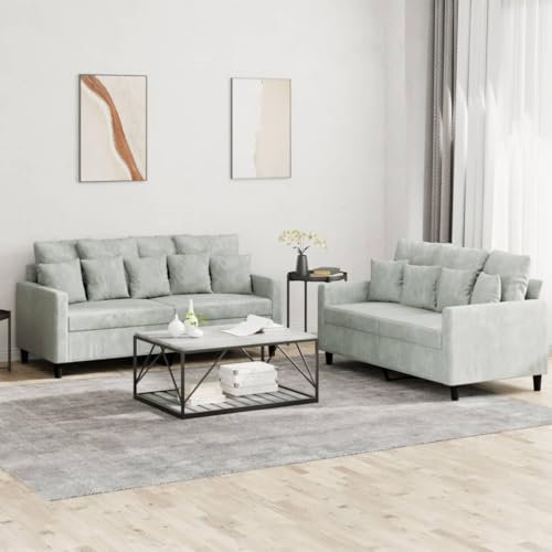 Homgoday 2-TLG. Sofagarnitur mit Kissen Wohnzimmersofa Sofa Couch mit Rückenlehne Loungesofa Gästesofa Couchgarnitur Modern Sitzmöbel für Wohnzimmer Büro Schlafzimmer Hellgrau Samt