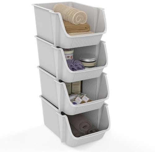 SUNDIS Fly Tower, torre di 4 scatole portaoggetti, in plastica riciclata, impilabili, bianco sporco, ideale per l'officina, il garage, i giocattoli, la cucina e il bagno