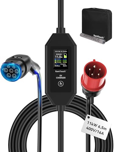 RamTouch Mobile Wallbox 11 kW (6,5 m, 3-phasig, Ladekabel CEE 16 A auf Typ 2) - Mobile Ladestation (6A–16A einstellbar), Lade-Timer & Verzögerung, Für alle Elektroautos (EV) & Plug-in-Hybride (PHEV)