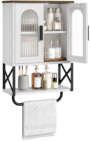 CHOEZON Bathroom Wall Cabinet, Medicine Cabinet with Adjustable Shelf and Towel Bar, Storage Cabinet Wall Mount with 2 Glass Doors, for Bathroom, Kitchen, Living Room, Dining Room, White and Walnut