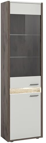 Newroom Vitrine Hellgrau Eiche Dunkel Vitrinenschrank Landhaus Modern - 51x198x37 cm (BxHxT) - Glasvitrine Glasschrank Standvitrine - [Norma.Two] Wohnzimmer Schlafzimmer Büro Flur