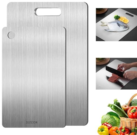 Qikuver Titanium Chopping Boards, Stainless Steel Chopping Board, Double-Sided Food Grade Metal Cutting Board, 2 Pack Titanium Cutting Boards for Meat Fruit & Vegetable Home Kitchen (2)