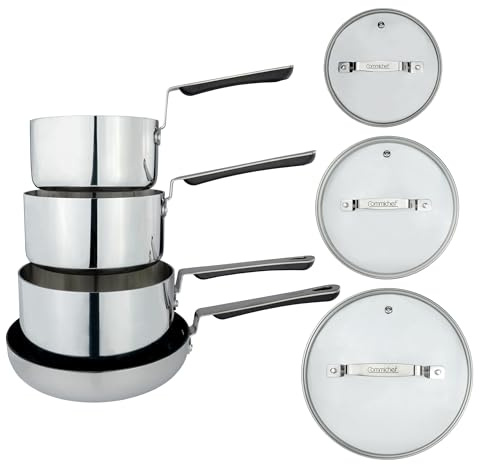 Commichef 4-Piece Cookware Set in Tri-Ply Stainless Steel, Includes 16cm, 18cm, 20cm Saucepans with lids & 24cm Frying Pan, Stackable Design