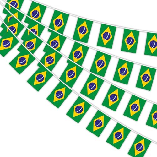 AhfuLife Bandiere brasiliane da 9 m per la decorazione della Coppa del Mondo 2026, 30 bandierine brasiliane piccole, double face, per festa dell'indipendenza, giardino, strada, decorazione per feste