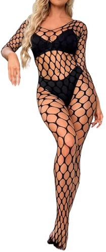 ROSVAJFY Damen Fischnetz Bodystokings Dessous Nachtwäsche Bodys Reizwäsche Mesh EIN Stück Bodysuit Teddy Lingerie Jumpsuit Unterwäsche Lange Ärmel Netzstrümpfe (Schwarz, Einheitsgröße)