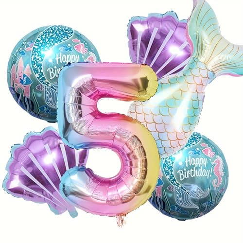 Ovanda 6 Stück Meerjungfrau Luftballon,5 Jahr Kindergeburtstag Deko Mädchen | Bunt Meerjungfrau Ballon,Meerjungfrauen Geburtstag Deko 5 Jahre,Happy Birthday Folienballon,Meerjungfrauen Thema Party Set