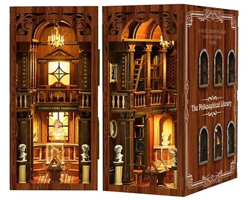 Villageboom Book Nook byggsats med LED-lampor – gör-det-själv miniatyr – bibliotek gamla böcker – 3D-träbyggsats för bokhylla dekoration – presentidé för vuxna och tonåringar (biblioteksfilosofer)