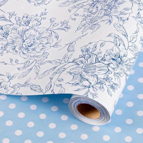 Wikadlik Blumen-Einwickelpapier-Rolle, 43 cm x 10 m Blau-weißes Punkte-Design Geschenkpapier für Hochzeit, Geburtstag, Valentinstag, Hochzeitsfeier, Muttertag, DIY-Strauß, Jahrestag