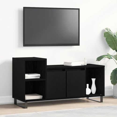 Pangshiyuan Meuble TV avec matériau en bois, meuble TV moderne, aspect chêne noir, 2 portes coulissantes, 4 compartiments, meuble de salon, 100 W x 35 D x 55 H cm