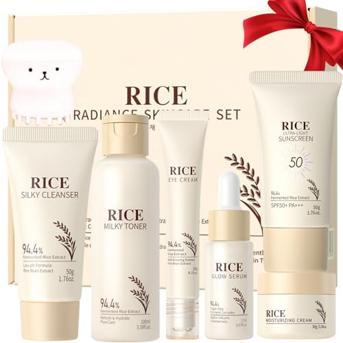 Skincare Set, Korean Rice Skin Care Sets & Kits, Cleanser, Toner, Serum, Eye Cream Sunscreen, Face Wash Brush & Moisturizer, Christmas Birthday Gifts for Women Teenage Girls Mom Friend, 7pcs