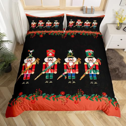 Homewish Christmas Soldier Duvet Cover Single Nutcracker Bedding Set for Kids Boys Girls Cute Xmas Festival Comforter Cover Black Red Florals Bedclothes Room Decor