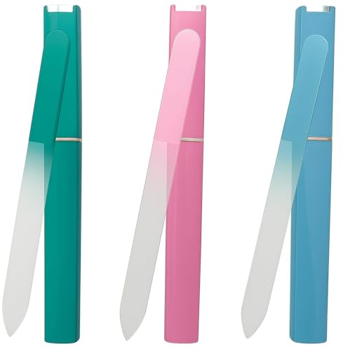 3PCS Crystal Nail File, Glass Double Sided Etched Professional Nail File with Case, Nail Shaping Tool for Natural and Artificial Nails, Manicure and Pedicure Nail Care, Durable Tempered Glass