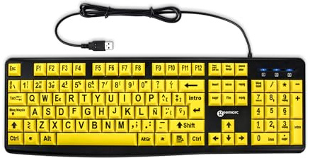 Geemarc Teclado Alfanumérico Español con Caracteres Negros Grandes en Teclas Amarillas Anchas - Alto Contraste para Personas con Discapacidad Visual - QWERTY y Tilde - Compatible con Windows
