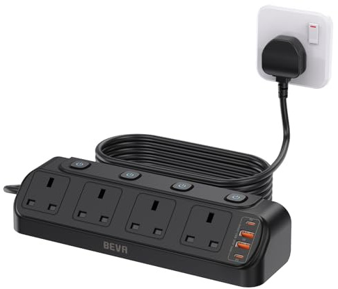 Desk Extension Lead with 4 USB Slots, BEVA 4 Way Surge Protected Plug Extension with PD20W USB C Charger, Individual Switches, Mountable Desktop Power Socket with 1.8M Cable - Black
