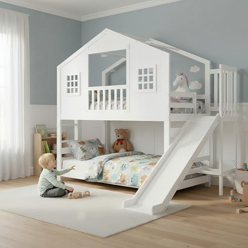 NuvlaGu Letto a castello per bambini con scivolo 90 x 200 cm, letto a soppalco con tetto e finestra, in legno di pino massiccio, stabile rete a doghe e scale con ringhiera, colore: bianco (senza