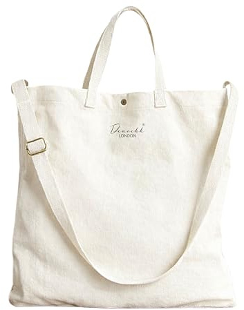Denochh Unisex Cross‑Body Minimalist Canvas Messenger Bag, Adjustable Strap, Short Grab Handles, Internal Zipped Pocket – Student, School, College, Travel, Work, Shopping Tote (Ivory)
