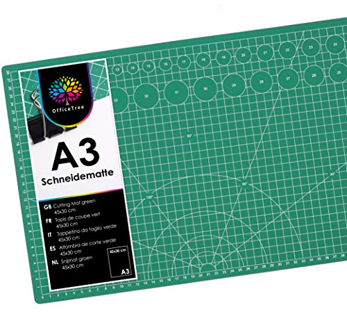 OfficeTree Cutting Mat A3 Self Healing - Green Cutting Board Craft 45 x 30 cm - Double Sided Grid - PVC 3 Layers Quilting for Sewing, Crafting, Modelling, Scrapbooking