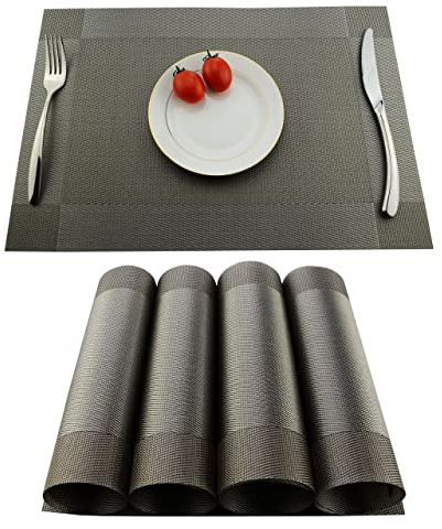 Kokako - Set di 4 tovagliette all'americana, antiscivolo, lavabili, in PVC, resistenti al calore, resistenti allo sporco e lavabili, ideali per la cucina e la tavola, Fibra sintetica, argento, 4