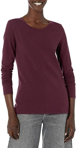 Amazon Essentials Women's Långärmad T-shirt med rund hals klassisk passform (finns i plusstorlek), Vinröd, M