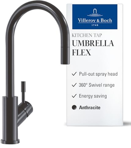 Villeroy & Boch Umbrella Flex Hochdruck-Küchenarmatur, Spülenarmatur mit ausziehbarer Handbrause und 360° Schwenkbereich, wassersparend, 220 mm Auslaufhöhe, Anthrazit