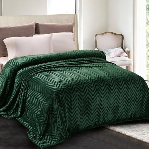 Whale Flotilla Flannel Fleece Queen Size Blanket for Bed, 230x230 CM | Deep Green, Soft Plush Fluffy Velvet Sofa Blanket with Decorative Chevron Pattern, All Season, Microfiber, Machine Washable