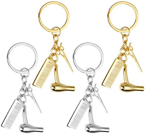 Schlüsselanhänger Friseur, Yangfei 4 Stück Kreative Schlüsselanhänger Gold Silber Föhn Schere Kamm Keychain Legierung Schlüsselbund für Auto Handtasche Friseursalon Haarstylisten Geschenk Damen Herren