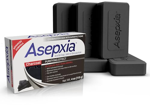 Asepxia Salicylic Acid & Activated Charcoal Bar Soap | Acne Treatment, Reduces Pimples & Blemishes, Deep Cleansing Facial Cleanser, Dries Out Acne, Prevents Breakouts, Face wash, 4 Oz, 5-Pack