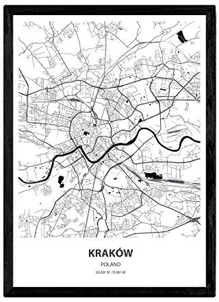 Nacnic Poster Mappa di Cracovia - Polonia. Fogli Città in Europa con Mari e fiumi, in Colore Nero. Formato A4