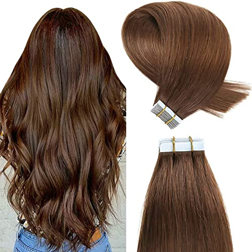 YILITE Tape Extensions Echthaar Mittel braun 45cm Invisible Tape Extensions | Invisible Echthaar Tape Extensions,#4 Glattes Haar, 2Pcs 50g For Länge Und Volumen HinzufüGen,Suitable for all Occasions