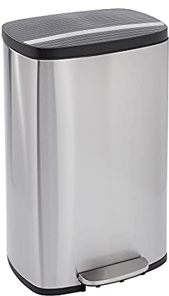 Amazon Basics Cubo de basura rectangular con tapa de plástico, 50 litros, níquel satinado
