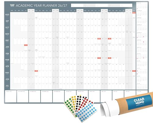 Clear Mind Concepts® A1 Academic Wall Planner 2026-2027 Laminated (59.4 x 84.1 cm) Academic Year Calendar Aug-Jul UK Student Study Planner with Sticky Dots