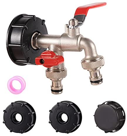 FOGWOWO IBC Tank Zubehör,1/2 IBC Auslaufhahn Gartenhahn,1/2 IBC Adapter S60x6 mit Tankabdeckung Endkappe, IBC Container Zubehör für 1000l Wassertank Regentonne