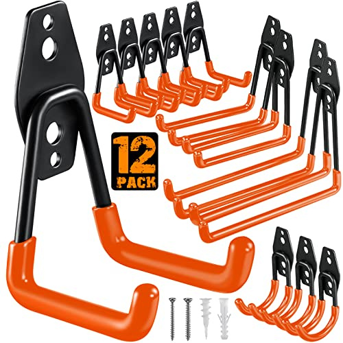 HUPBIPY 12 Pack Garage Hooks Heavy Duty Utility Steel with Anti-Slip Coating Wall Mount Storage Organizer for Hanging Power and Garden Tools, Ladders, Hose, Bikes, Ropes, Bulk Items, and More