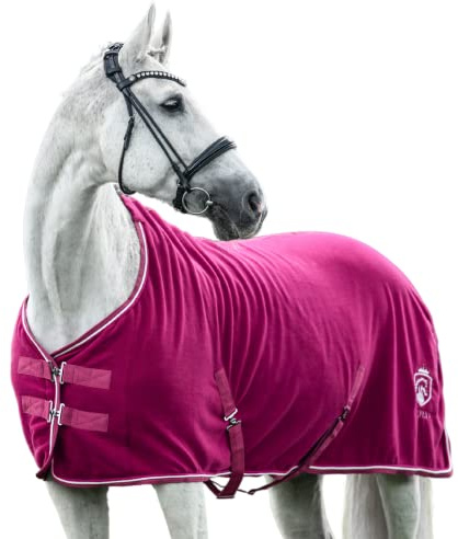 EQUILYX® Abschwitzdecke Pferd mit Kreuzgurten [perfekte Passform] Fleecedecke Stalldecke Transportdecke wärmend feuchtigkeitsabsorbierend atmungsaktiv (Fuchsia, 155cm)