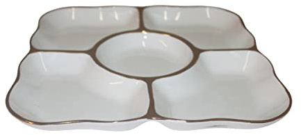 Square Uneven 5 Compartments Dry Fruit Plate Appetizer Serving Tray Ceramic Dried Fruit Plate Compartment Divided Candy Box Serving Platter Candy Dish Dessert Snacks Nut Tray (Gold Rim)