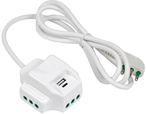 FANTON 41008 - Multipresa volante con 3 uscite spina piccola 10A e presa USB-A + C 5V 3A cavo 1,5 m. 3G0,75 H05VV-F spina italiana 2P+T 10A made in italy