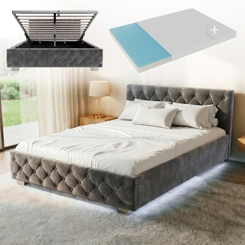 Juskys Polsterbett Nizza 140x200 cm mit Matratze, Bettgestell mit Lattenrost, Stauraum & LED Beleuchtung, Samtbezug, Chesterfield-Steppung, Grau