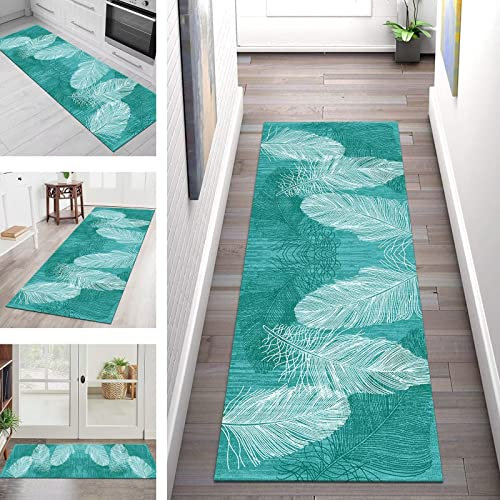 Teppich Läufer Lang Flur Küche rutschfest Waschbar 60X100CM Küchenteppich Küchenläufer Blau-grün Asbtrakt Teppichläufer Schlafzimmer Meterware Korridor Teppichmatten Eingang Wohnzimmer Flurläufer