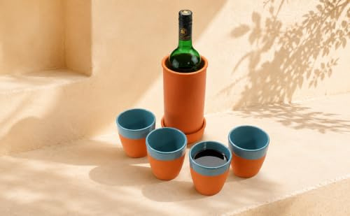 Aspira Home - Ton Flaschenkühler mit 4 Weinbechern - Türkis 330ml Natürlich/Glasiert - Mittelalter - Weingenuss auf rustikale Art, handgemacht aus Ton