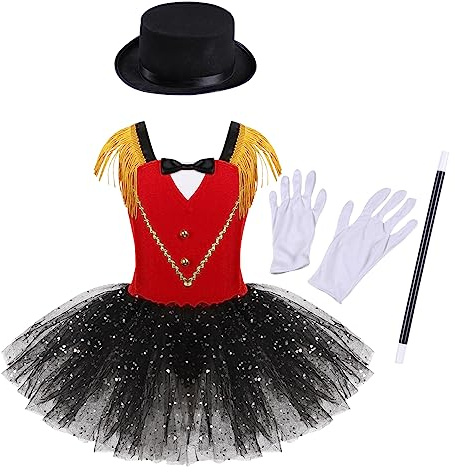 TiaoBug Costume Carnevale Bambina 4 Pezzi Domatrice Circo Domatore Presentatore Il più Grande Artista Tuta da Balletto con Vestito Tutu + Cappello + Bacchetta Magica + Guanti Rosso 9-10 anni