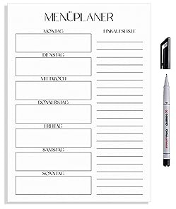 Menüplaner magnetisch | Essenplaner abwischbar | Wochenplaner wiederverwendbar | DIN A5 | Hochformat | schwarz/weiß (DIN A5 mit Folienstift)