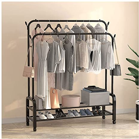 NATWEE Kleiderstangen auf Rädern Kleiderständer mit Schuhregalen Kleidertrockner für Schlafzimmer und Büroeingang/Schwarz/135 cm It's so Kind of You