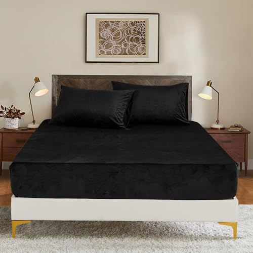 Luowei Lenzuolo con angoli elasticizzati, 90 x 200 cm, colore nero, extra caldo, in spugna, lenzuolo con angoli elasticizzati, 90 x 200 cm, per materasso alto, altezza 25 – 30 cm