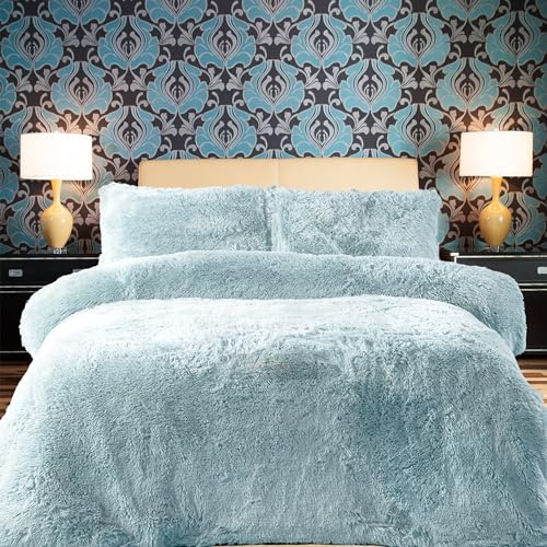 PARADISE STAR Teddy Fleece Duvet Quilt Cover Bedding Set With Matching Pillowcase Fluffy Thermal Warm and Cosy Duck Egg Superking 260cm x 220cm Approximate