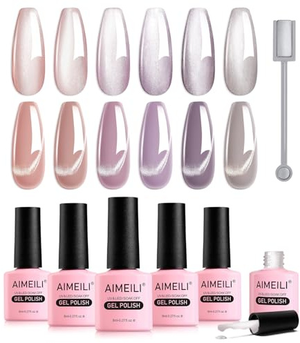 AIMEILI Magnetisches Gel-Nagellack-Set mit Magnetstab, 6 Stück Mondschein-Keramik-Katzenaugen-Gel-Nagellack, UV-LED-Nagelkunst, Maniküre, Pediküre, einfach aufzutragen, 8 ml